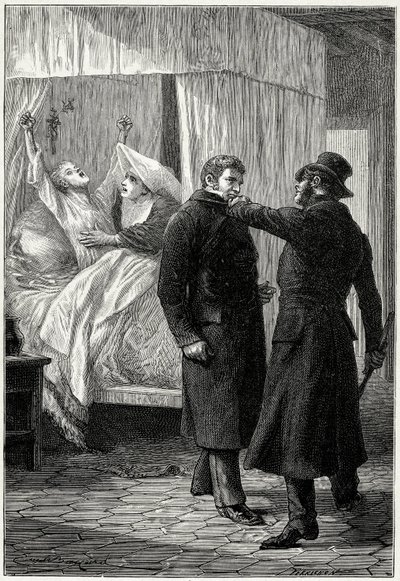 Victor Hugo „Les Miserables””: Jean Valjean, który stał się bogaty pod nazwiskiem Monsieur Madeleine, ma się wokół niego dobrze. Ale jego wrogi inspektor policji Javert podejrzewa jego tożsamość i kończy go aresztowaniem, podczas gdy Fantine (matka Cosette autorstwa Emile Antoine Bayard