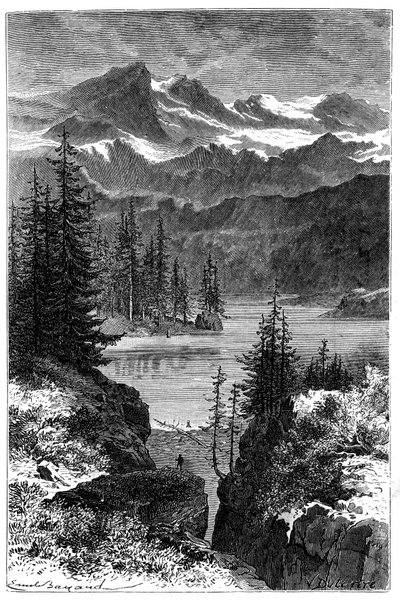 Widok na Alpy: las, jezioro, szczyty. Ilustracja Emile