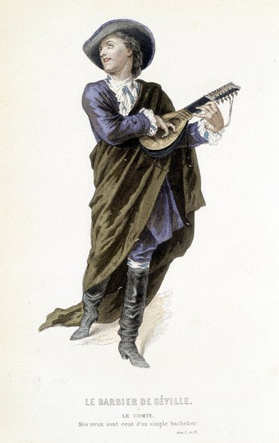 Hrabia Almavira w "Le barbier de Seville" w "Oeuvres completes de Beaumarchais", ed. Laplace Sanchez & cie, Paryż autorstwa Emile Antoine Bayard