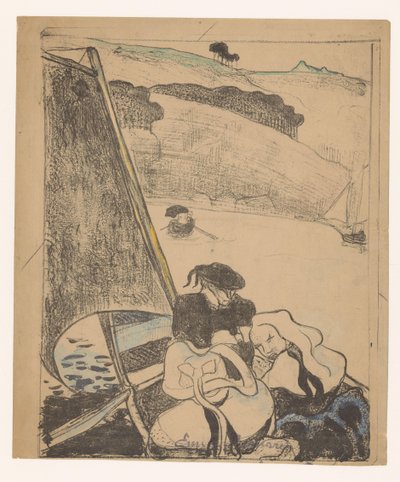 Dwie Bretonki i mężczyzna na łodzi Le return du pardon Bretonki (tytuł serii) Bretończycy (tytuł serii) autorstwa Émile Bernard (signed by artist)