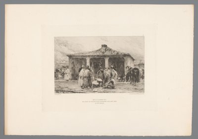 Żołnierz grupy w jednym obozie Metz 8 października 1870/ Biwak odosobnionej kawalerii na Place Saint Simon w Fort Moselle (tytuł na obiekcie) Francja etsen uit 1875 (tytuł serii) Akwaforta w 1875 (tytuł serii) autorstwa Emile Boilvin