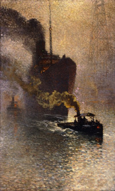 W holu nad Tamizą we mgle; Escorte sur la Tamise dans le Brouillard - Zabrany na hol nad Tamizą, 1918 autorstwa Emile Claus