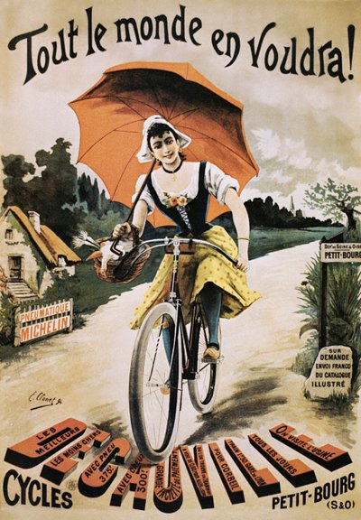 Vintage plakat kobiety jadącej na rowerze trzymającej czerwony parasol autorstwa Emile Clouet