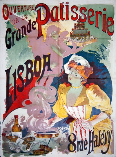 Plakat reklamujący „Otwarcie Grande Patisserie Lisboa” w Paryżu, ok. 1900 r. 1895 (kolor lito) autorstwa Emile Georges Giran
