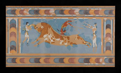 Obraz odrestaurowanego fresku Taureadora z Pałacu Minosa w Knossos (rysunek fresku Evansa nr 4) autorstwa Emile Gilliéron
