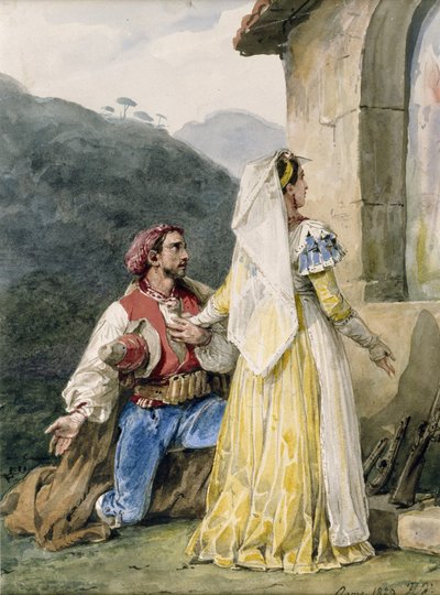 Chłopi włoscy przed kapliczką, 1829 (wc na papierze podwyższonym gumą) autorstwa Emile Jean Horace Vernet