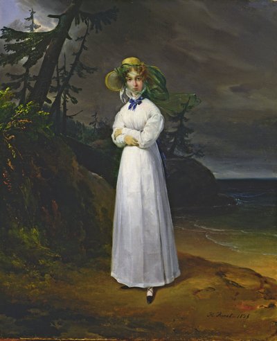 Młoda dziewczyna w romantycznym krajobrazie, 1825 autorstwa Emile Jean Horace Vernet