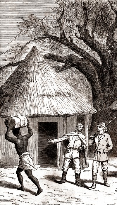 Odkrywcy i tragarze przed afrykańską chatą, 1887 (akwaforta) autorstwa Emile Mas