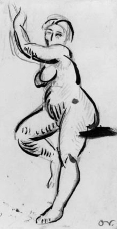 Stojąca modelka zwrócona w lewo z podniesionymi rękami. autorstwa Emile Othon Friesz