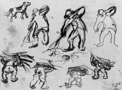 Siedem szkiców mężczyzn kopiących i niosących drewno opałowe oraz szkic psa. autorstwa Emile Othon Friesz