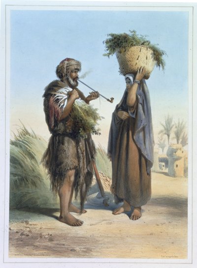 Fellah Man and Woman, ilustracja z „Doliny Nilu”, ryt. Mouilleron, wyd. przez Lemercier, 1848 autorstwa Emile Prisse d