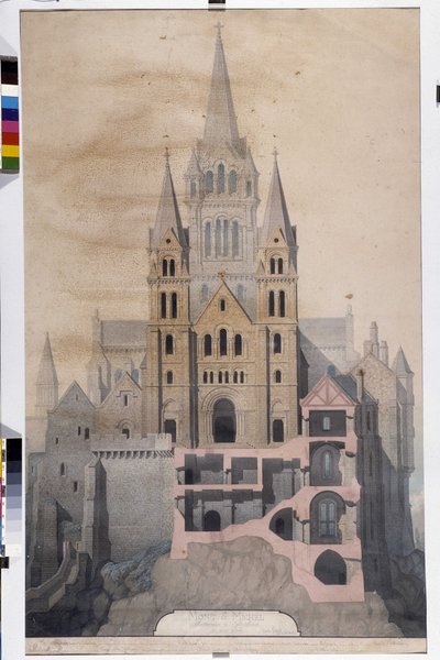 Architektura gotycka: fasada kościoła i rozbiór domów klasztornych. Rysunek Miejskiego Muzeum Avranches (Manche) autorstwa Emile Sagot