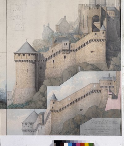 Widok machicoulis między Wieżą Północną a Wieżą Claudine na Mont Saint Michel. Rysunek Emile Sagot. Miejskie Muzeum Avranches (Manche) autorstwa Emile Sagot