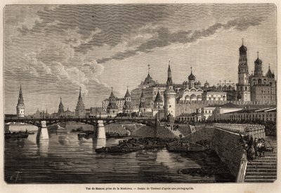 Ogólny widok Moskwy z Moskowej, rys. Therond, dla zilustrowania podróży z Szanghaju do Moskwy w latach 1859-1862 pana de Bourboulon, ministra Francji do Chin. Grawerowanie w „”Le tour du monde””, pod redakcją Edouarda Chartona autorstwa Emile Theodore Therond
