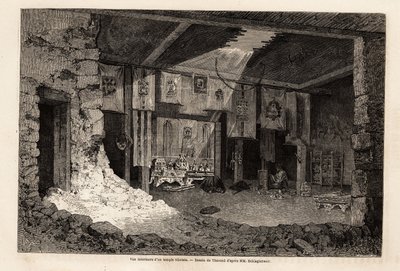 Widok wnętrza tybetańskiej świątyni, rysunek Theronda, ilustrujący podsumowanie roku geograficznego 1862, autorstwa Vivien de Saint Martin. Grawerowanie w „”Le tour du monde””, pod redakcją Edouarda Chartona autorstwa Emile Theodore Therond
