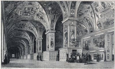 Widok wnętrza Biblioteki Watykańskiej w XVIII wieku. Grawer autorstwa Theronda z rysunku Francois Panniniego. autorstwa Emile Theodore Therond
