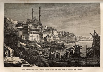 Ghat Madhoraya (schody pokrywające brzegi rzeki, które pozwalają zejść w kontakcie z wodą) i meczet Aurangzeb w Benares, wyryty według rysunku E. Theronda, ilustrującego podróż radżów do Indii, w latach 1864-1868 , autorstwa Louisa Ro autorstwa Emile Theodore Therond