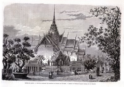 Ogród pałacowy. Pawilon zawierający prochy ostatniego króla Syjamu. Rysunek Théronda z albumu M. Mouhota. “Wycieczka po świecie” autorstwa Emile Theodore Therond