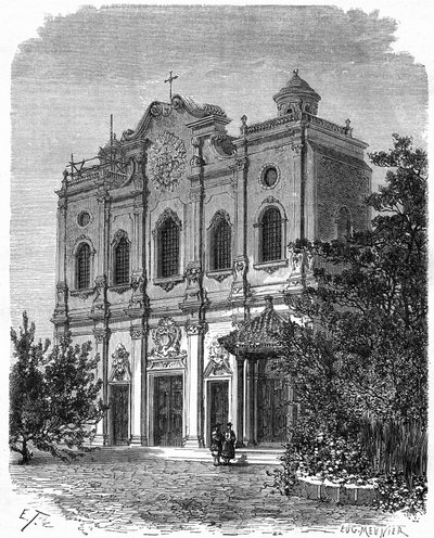 Widok na fasadę katedry w Nantang, zbudowanej na miejscu domu Matteo Ricciego (1552-1610), ojca katolicyzmu w Chinach. Grawerowanie według rysunku Theronda, w „”Le Tour du Monde, Nouveau journal des Voyages””, pod redakcją Edouarda Charta autorstwa Emile Theodore Therond