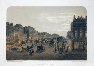 Boulevard du Temple, Paryż. Litografia akwarela, ilustracja E.de la Tramblaiz, w „Albumie, pamiątki z Paryża”, redaktor Daziaro, Paryż autorstwa Emile de la Tramblais