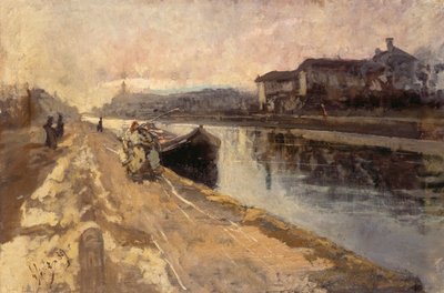 Zwykli mieszkańcy wzdłuż kanału Naviglio autorstwa Emilio Gola
