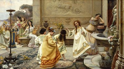 Fontinales: Święto Fontann; Fontinales: Fete des Fontaines (olej na płótnie z trzema poziomymi płycinami, jedna sygnowana, osadzona w t) autorstwa Emilio Vasari