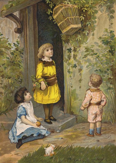 Dzieci podziwiające wiszący kosz (chromolitho) autorstwa Emily Jane Harding Andrews