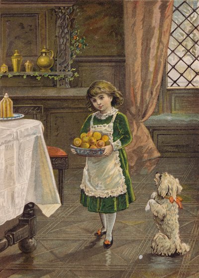 Dziewczyna niosąca miskę owoców (chromolitho) autorstwa Emily Jane Harding Andrews