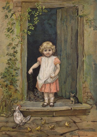 Mała dziewczynka karmiąca kury z progu swojego domu (chromolitografia) autorstwa Emily Jane Harding Andrews