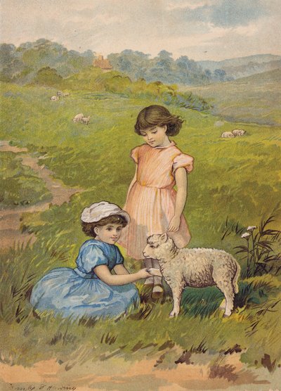 Dwie dziewczynki głaszczące owieczkę (chromolitho) autorstwa Emily Jane Harding Andrews