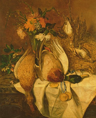 Martwa natura z krzyżówką, bekasami i złotymi medalami, ok. 1850 r. autorstwa Emily Stannard