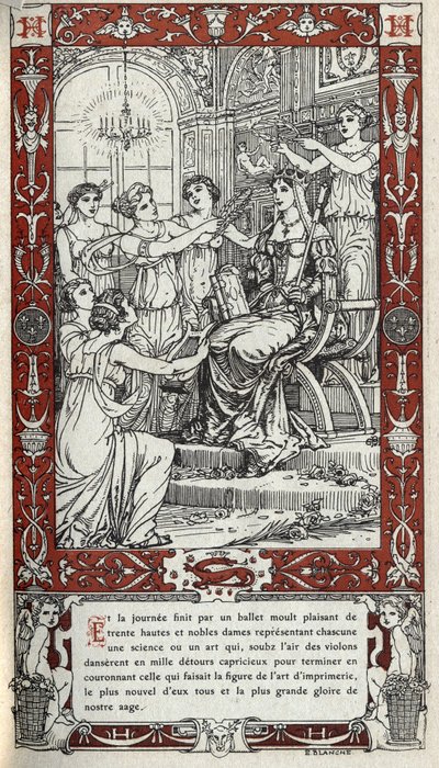 Balet w zamku Fontainebleau, podczas którego damy dworu króla Henryka II (1519 - 1559) reprezentują naukę lub sztukę. Rycina z 1914 r. autorstwa Emmanuela Blanche (1880-1946).DR Ze zbiorów prywatnych. autorstwa Emmanuel Blanche