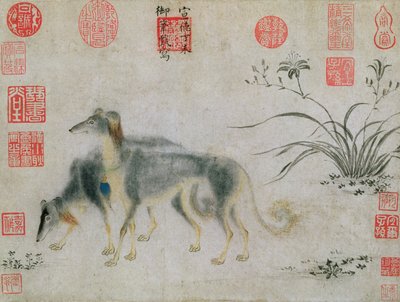 Dwa psy Saluki, 1427 (tusz na papierze) autorstwa Emperor Hsuan tsung