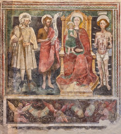 Madonna del Rosario i święci, prawa ściana nawy (fresk) autorstwa Enea Salmeggia