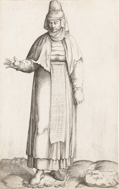 Talerz kostiumowy: Hispana Rustica z etykietą na skale, ca. 1557-58. autorstwa Enea Vico