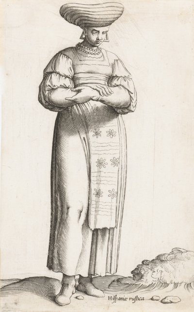 Tabliczka kostiumowa: Hispania Rustica mul. z etykietą na ziemi, ca. 1557-58. autorstwa Enea Vico