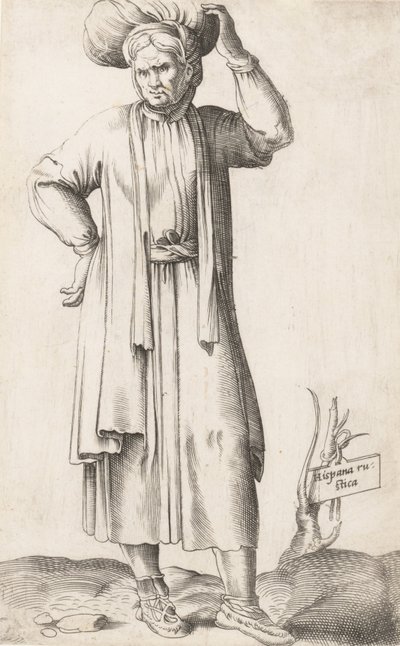 Talerz kostiumowy: Hispania Rustica z praniem na głowie, ca. 1557-58. autorstwa Enea Vico