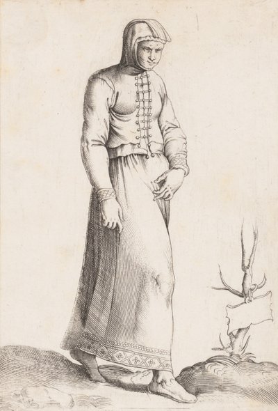 Tabliczka kostiumowa: Kobieta w stroju z kapturem, ca. 1557-58. autorstwa Enea Vico
