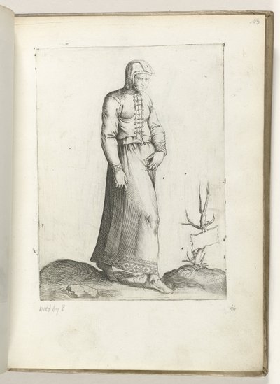 Een vrouw uit Spanje, gekleed volgens de mode van ca. 1550 Postawy różnych narodów naszych czasów (tytuł serii) autorstwa Enea Vico