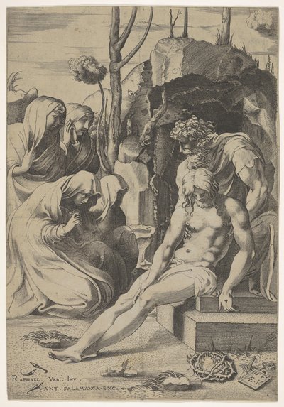 Złożenie do grobu Chrystusa, którego pierś chwyta Józef z Arymatei, z dwoma klęczącymi i..., 1543. autorstwa Enea Vico