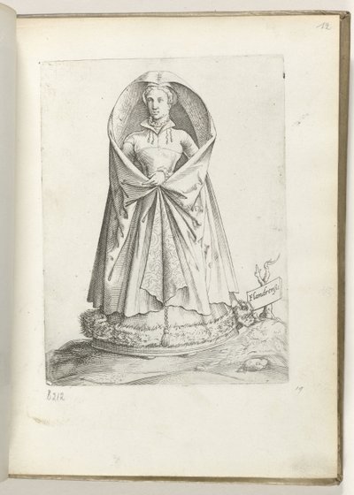 Flandria (tytuł na obiekcie) Een vrouw uit Vlaanderen, gekleed volgens de mode van ca. 1550 Postawy różnych narodów naszych czasów (tytuł serii) autorstwa Enea Vico