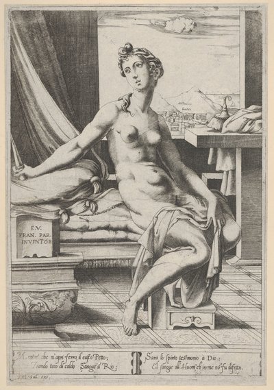 Lukrecja naga i siedząca przed oknem ze sztyletem w prawej ręce i trzymająca d..., ca. 1535-67. autorstwa Enea Vico