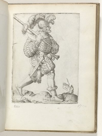 Niemiecki żołnierz (tytuł na obiekcie) Duitse soldaat, gekleed volgens de mode van ca. 1550 Postawy różnych narodów naszych czasów (tytuł serii) autorstwa Enea Vico