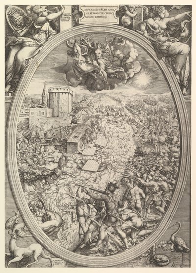 Bitwa pod Mühlberg z wojskami Karola V przekraczającymi Łabę, 1551. autorstwa Enea Vico