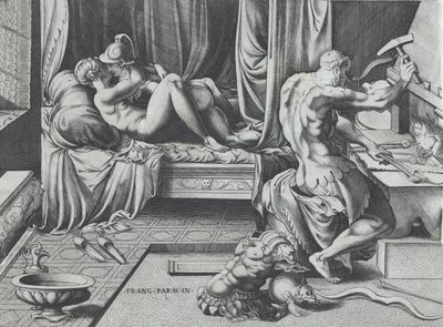 Wenus i Mars Obejmujące jako Wulkan działa w jego kuźni, 1543. autorstwa Enea Vico