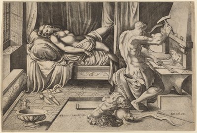 Wenus leżąca z Wulkanem w jego kuźni autorstwa Enea Vico after Parmigianino