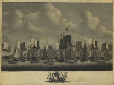 Flota opuszczająca port Vlissingen, 1804 r. autorstwa Engel Hoogerheyden