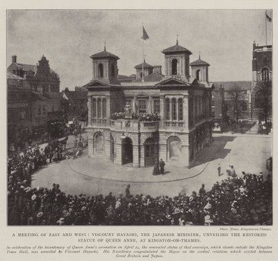 Spotkanie Wschodu i Zachodu, wicehrabia Hayashi, japoński minister, odsłonięcie odrestaurowanego posągu królowej Anny w Kingston-on-Thames, 3 maja 1902 autorstwa English Photographer