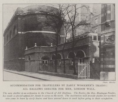 Zakwaterowanie dla podróżnych przez Early Workmens Trains, All Hallows Shelter dla mężczyzn, London Wall autorstwa English Photographer