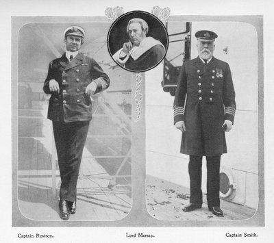 Arthur Henry Rostron, kapitan RMS Carpathia, który uratował ocalałych z Titanica (po lewej), Lord Mersey, który kierował komisją śledczą Titanica (w środku) i Edward John Smith, kapitan Titanica (po lewej autorstwa English Photographer